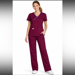 Urbane Straight-Leg Scrub Set in Burgundy with Blue Trim
